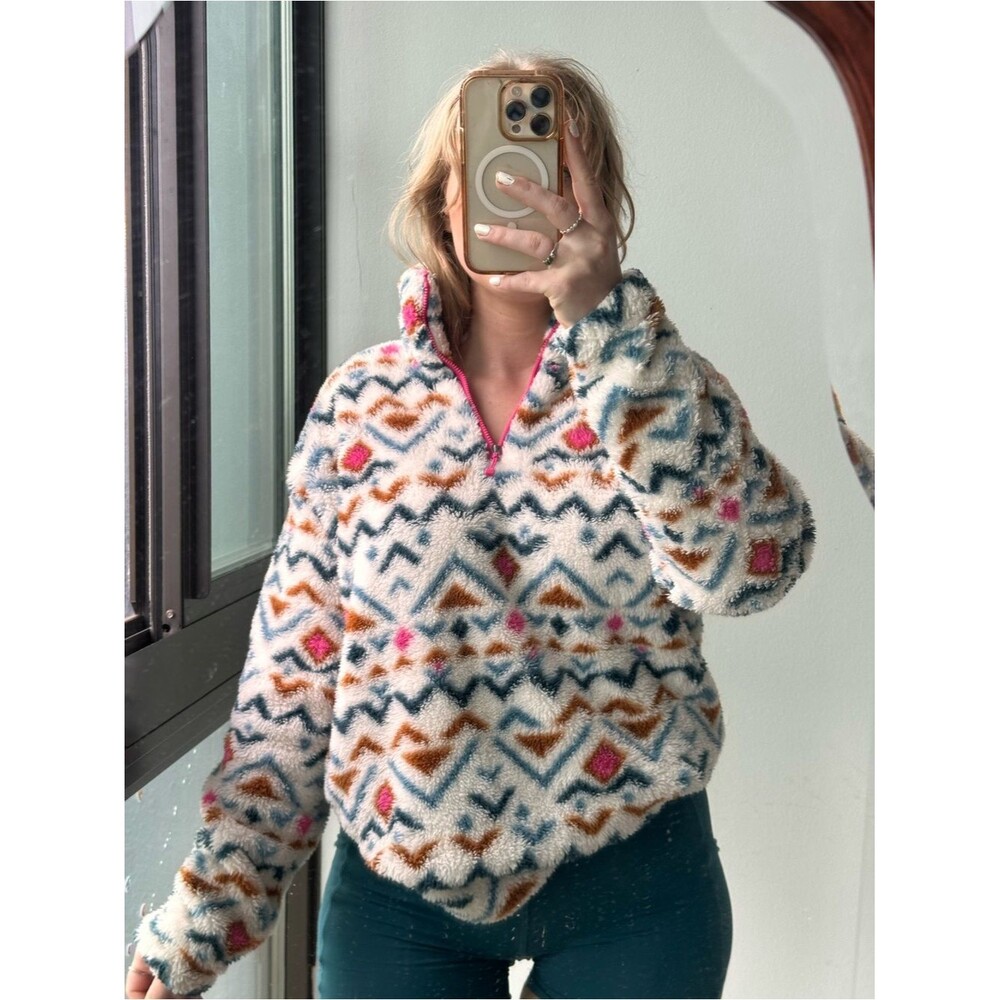 Eddie Bauer Cream Fuzzy Half-Zip Sweater with Multicolor Geometric Print